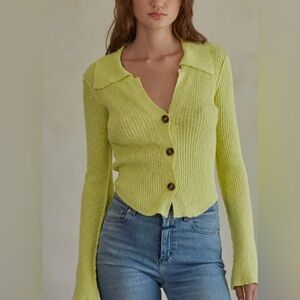 Lime Green Ribbed Button-Up Sweater